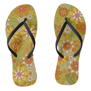 1960s, 1970s Green & Orange Retro Floral Flip Flops