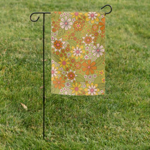 1960s 1970s Green  Orange Retro Floral Garden Flag