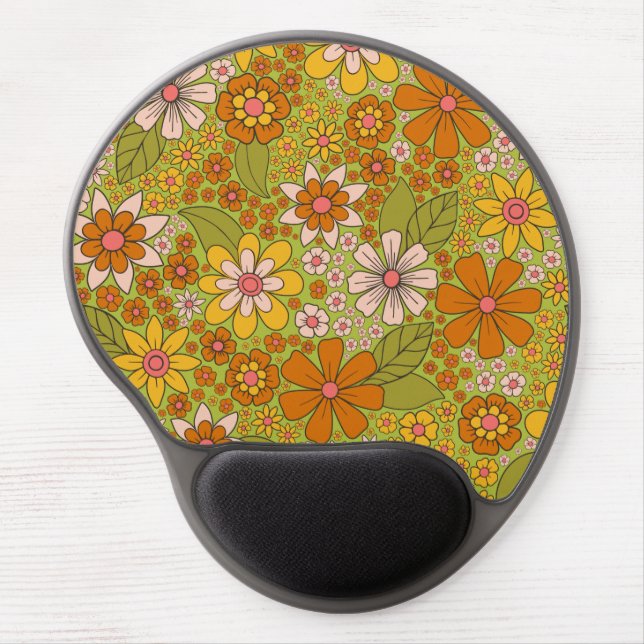 1960s, 1970s Green & Orange Retro Floral Gel Mouse Pad (Front)