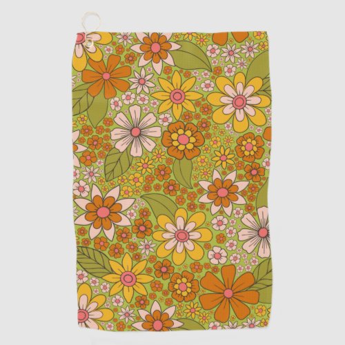 1960s 1970s Green  Orange Retro Floral Golf Towel