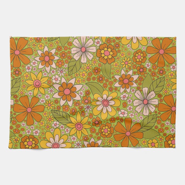 1960s, 1970s Green & Orange Retro Floral Kitchen Towel (Horizontal)