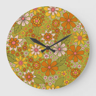 1960s, 1970s Green & Orange Retro Floral Large Clock