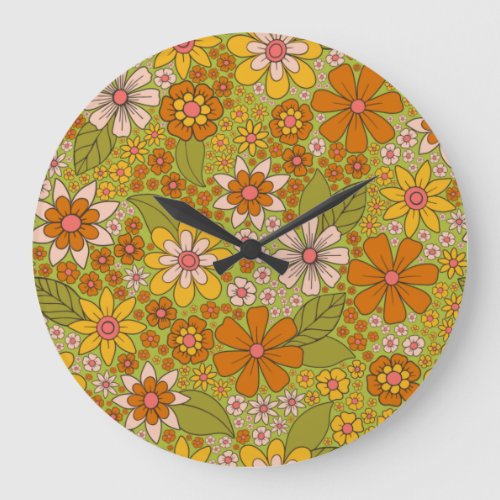 1960s 1970s Green  Orange Retro Floral Large Clock