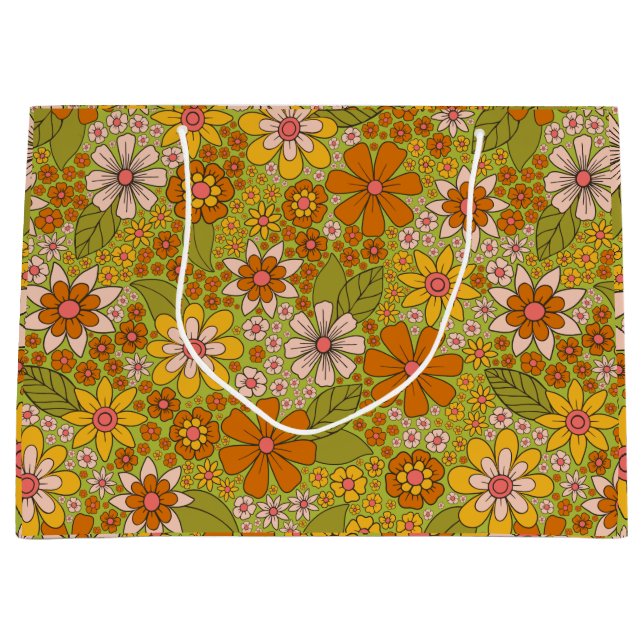 1960s, 1970s Green & Orange Retro Floral Large Gift Bag (Front)