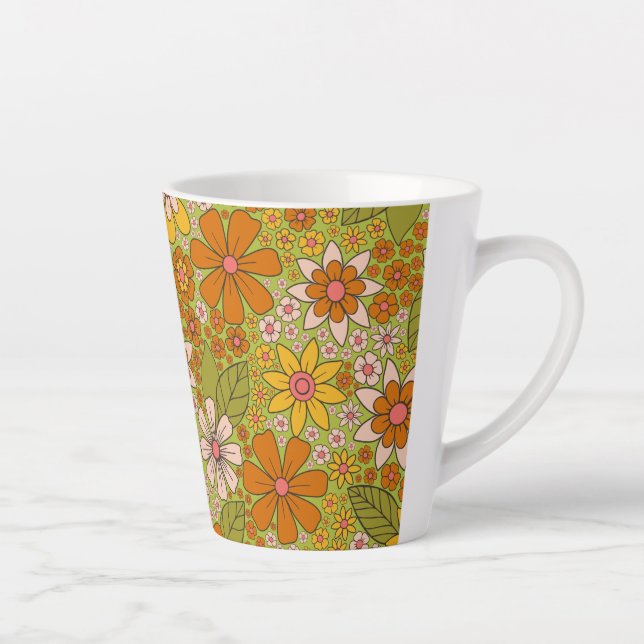 1960s, 1970s Green & Orange Retro Floral Latte Mug (Right)