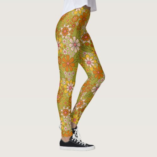 1960s 1970s Green  Orange Retro Floral Leggings