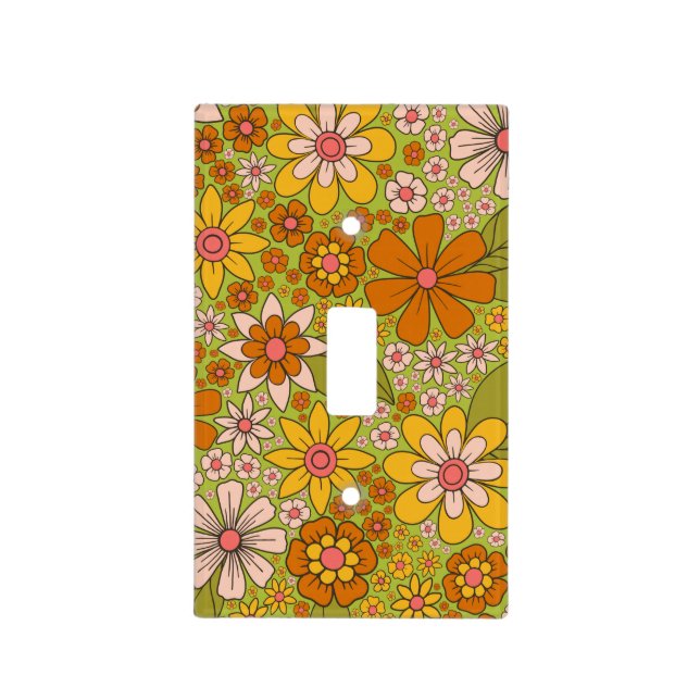 1960s, 1970s Green & Orange Retro Floral Light Switch Cover (Front)