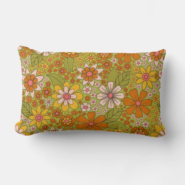 1960s, 1970s Green & Orange Retro Floral Lumbar Pillow (Front)