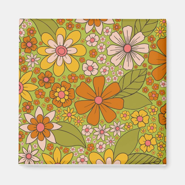 1960s, 1970s Green & Orange Retro Floral Magnet (Front)