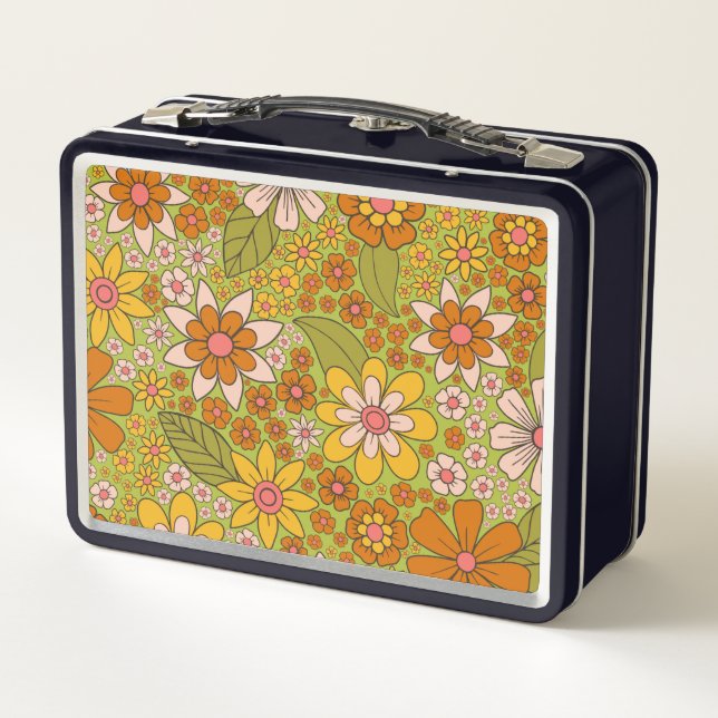 1960s, 1970s Green & Orange Retro Floral Metal Lunch Box | Zazzle