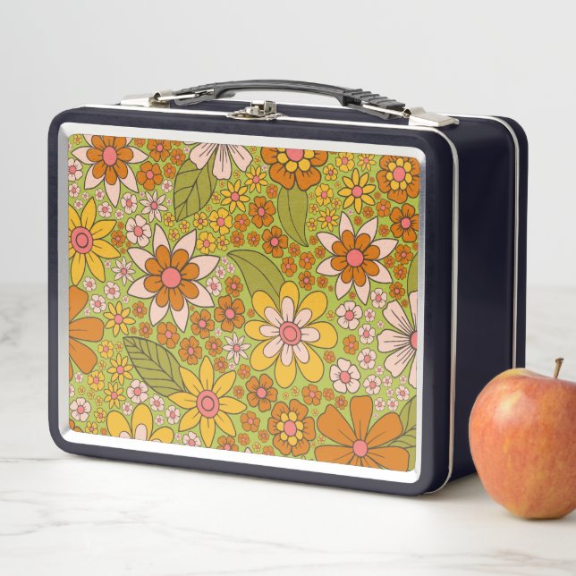 1960s, 1970s Green & Orange Retro Floral Metal Lunch Box | Zazzle