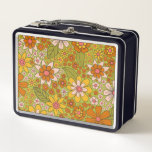 1960s, 1970s Green &amp; Orange Retro Floral Metal Lunch Box