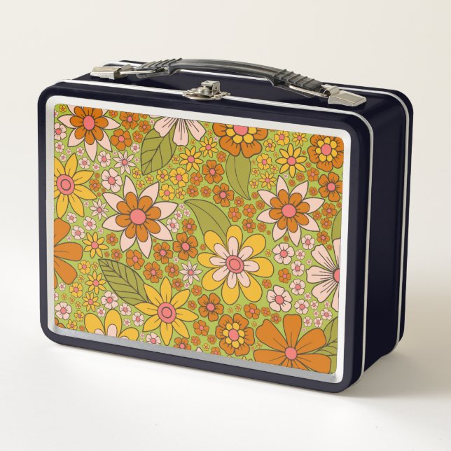 1960s, 1970s Green & Orange Retro Floral Metal Lunch Box (Front)