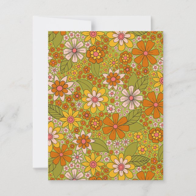 1960s, 1970s Green & Orange Retro Floral Note Card (Front)