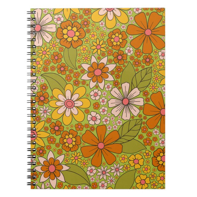 1960s, 1970s Green & Orange Retro Floral Notebook (Front)