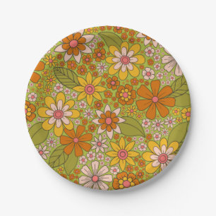 1960s, 1970s Green & Orange Retro Floral Paper Plates