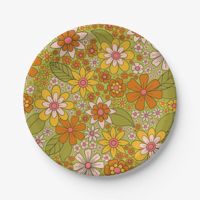1960s, 1970s Green & Orange Retro Floral Paper Plates (Front)