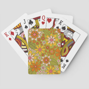 1960s, 1970s Green & Orange Retro Floral Poker Cards