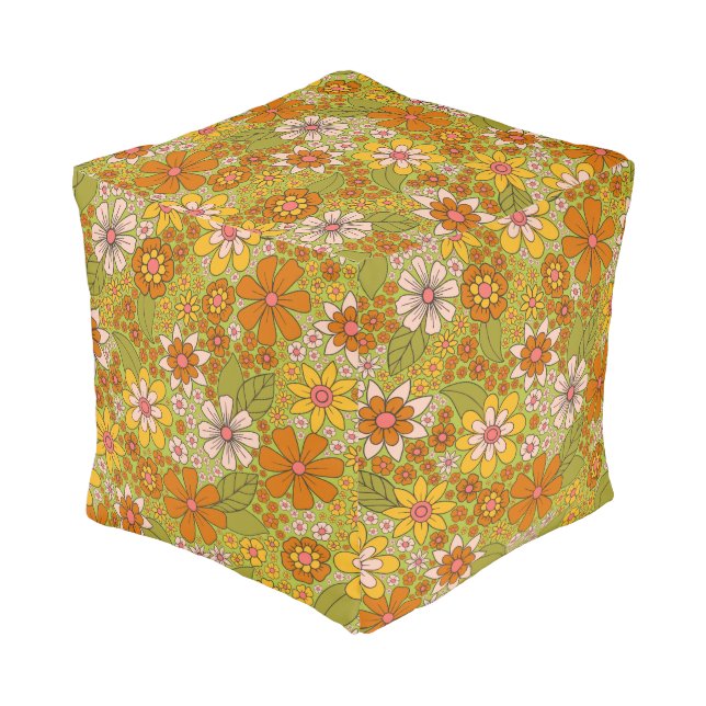 1960s, 1970s Green & Orange Retro Floral Pouf (Angled Back)