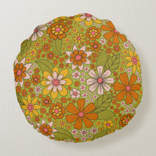1960s, 1970s Green & Orange Retro Floral Round Pillow