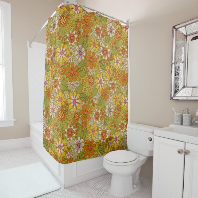 1960s, 1970s Green & Orange Retro Floral Shower Curtain (In Situ)