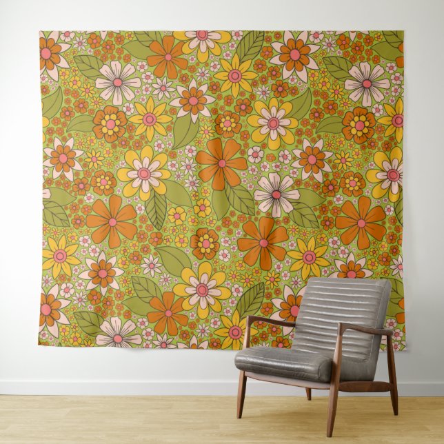 1960s, 1970s Green & Orange Retro Floral Tapestry (In Situ (Horizontal))