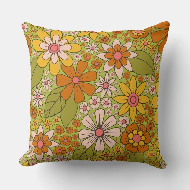 1960s, 1970s Green & Orange Retro Floral Throw Pillow (Front)