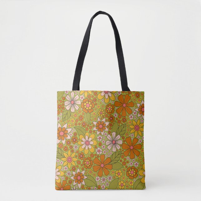1960s, 1970s Green & Orange Retro Floral Tote Bag (Front)