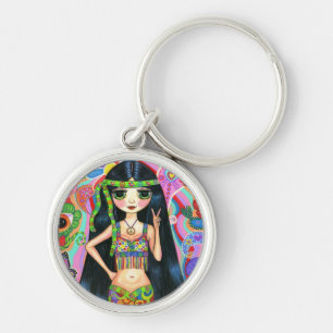 1960s, 1970s Psychedelic Hippie Chick Peace Sign Keychain