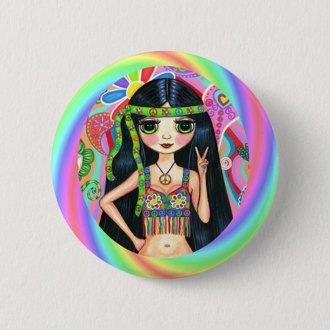 1960s, 1970s Rainbow Hippie Chick Peace Sign Button (Front)