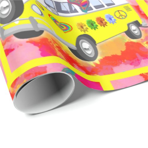 1960s 1970s Retro Hippy Van Butterfly Tie Dye Wrapping Paper