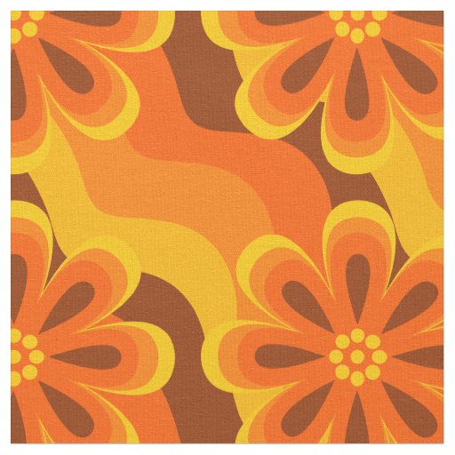 1960s 1970s Style Flowers & Waves Pattern Fabric