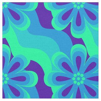 1960s 1970s Style Flowers & Waves Pattern Fabric