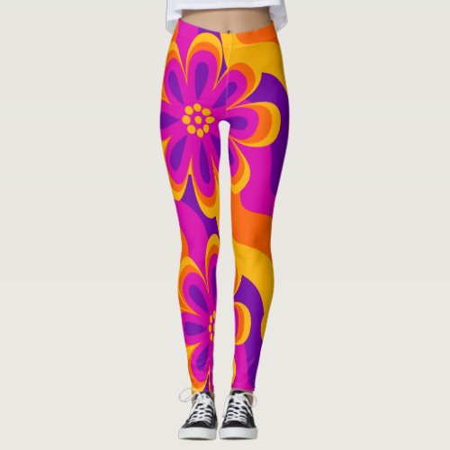 1960s 1970s Style Flowers  Waves Pattern Leggings