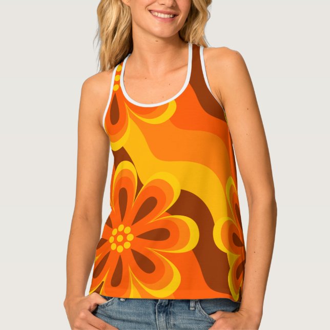 1960s 1970s Style Flowers & Waves Pattern Tank Top (Front)