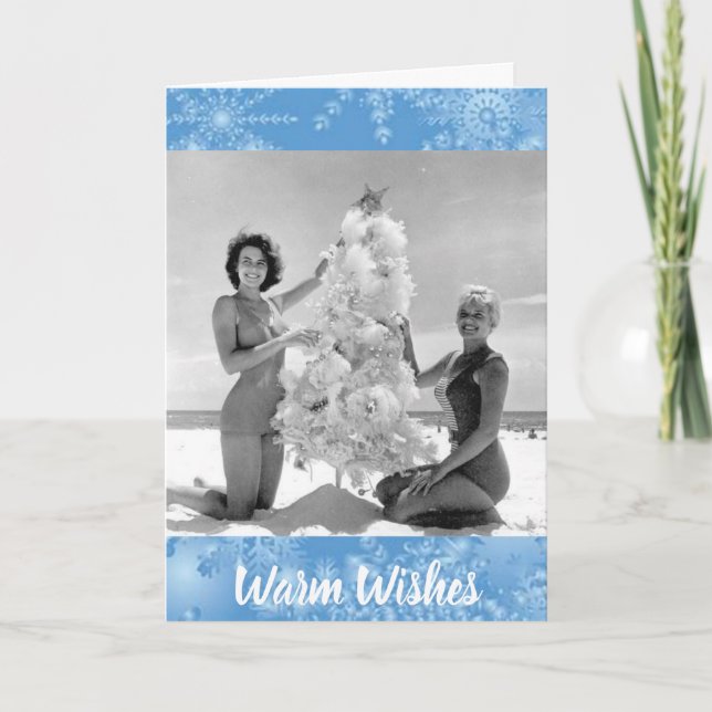 1960's Bathing Beauties & Christmas Tree on Beach Holiday Card (Front)