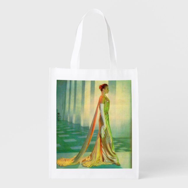 1960s beautiful lady in evening gown reusable grocery bag (Front)