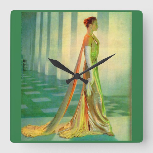1960s beautiful lady in evening gown square wall clock (Front)