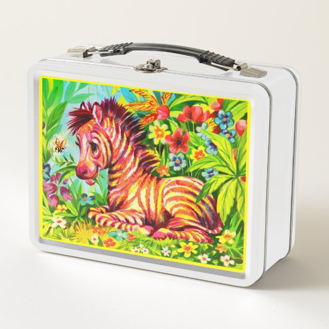 1960s colorful zebra print metal lunch box (Front)