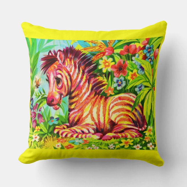 1960s colorful zebra print throw pillow (Front)
