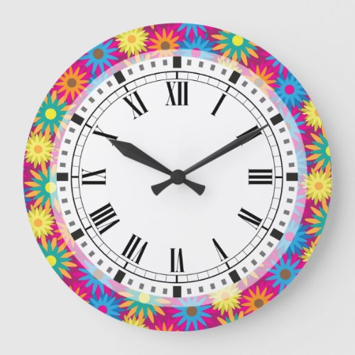 1960s Flower Power Colorful Floral Modern Pattern Large Clock