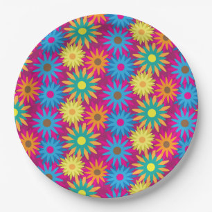 1960s Flower Power Colorful Floral Modern Pattern Paper Plates