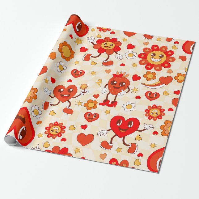 1960s groovy pop art valentines funky strawberry wrapping paper (Unrolled)