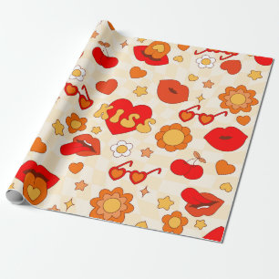 1960s groovy pop art valentines kiss wrapping paper