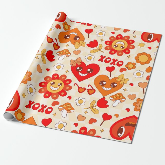 1960s groovy pop art valentines mushrooms wrapping paper (Unrolled)