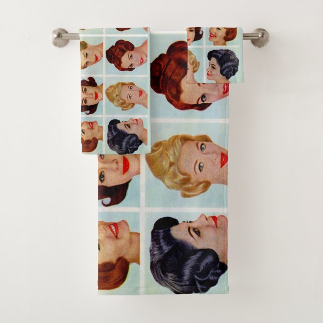 1960s hairstyles grid bath towel set (Insitu)