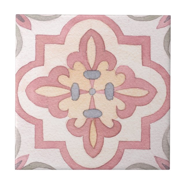 1960s Hand painted Flowers Classic watercolor pink Ceramic Tile (Front)