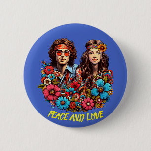 1960s Hippie Couple flower child Peace & Love art Button