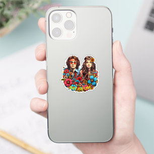 1960s Hippie Couple flower child Peace & Love art  Sticker