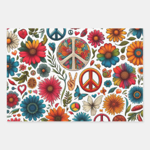 1960s Hippie Couple flower child Peace & Love art Wrapping Paper Sheets